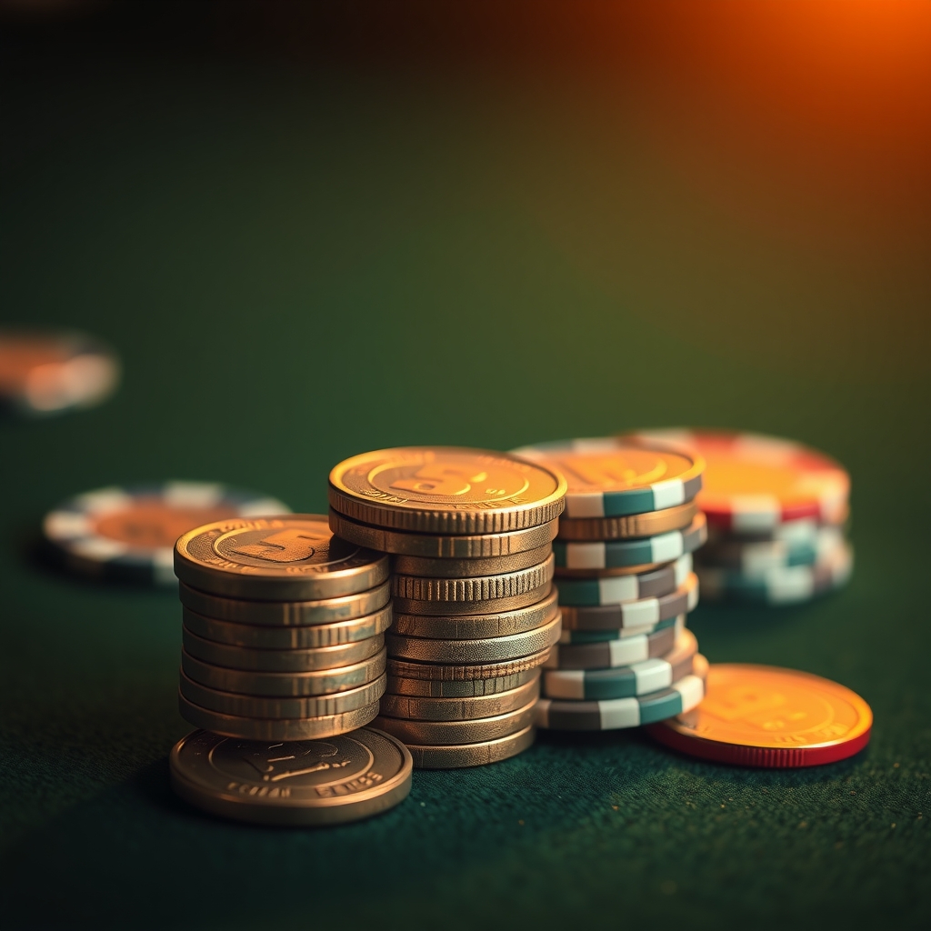 Monete e chip da casinò su un tavolo verde, simbolo del deposito minimo nei casinò non AAMS
